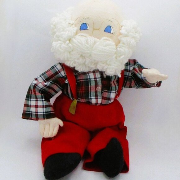 Vintage Saint Nick Cloth Doll With Red Overalls Plaid Shirt & Glasses 20" - Picture 2 of 3